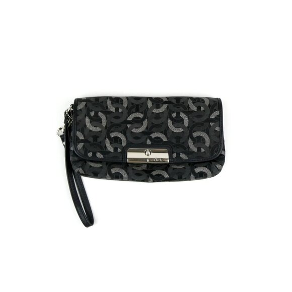 Coach Signature Op Art Black Silver Wristlet Clutch Bag - Picture 1 of 12